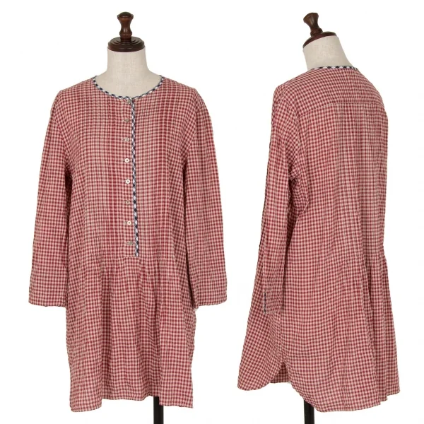 マドモアゼルノンノンMademoiselle NON NON コットンギンガムチェックパイピングプルオーバープリーツシャツチュニック エンジベージュ40L K-107467_001