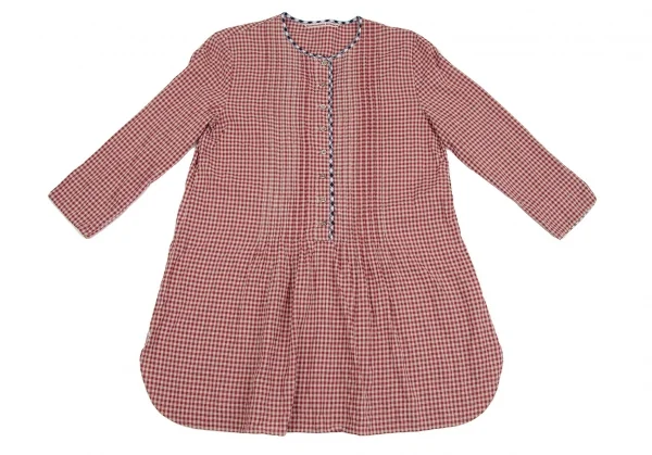 マドモアゼルノンノンMademoiselle NON NON コットンギンガムチェックパイピングプルオーバープリーツシャツチュニック エンジベージュ40L K-107467_002