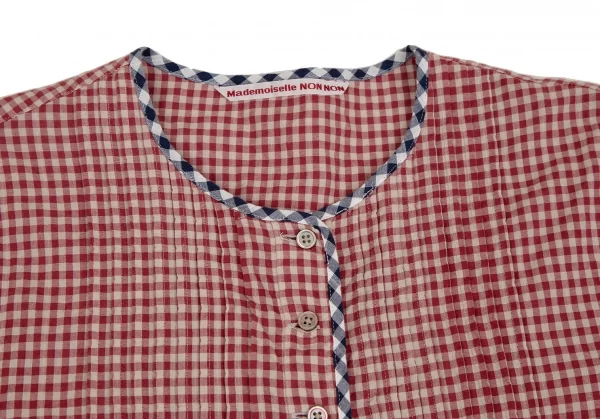 マドモアゼルノンノンMademoiselle NON NON コットンギンガムチェックパイピングプルオーバープリーツシャツチュニック エンジベージュ40L K-107467_003