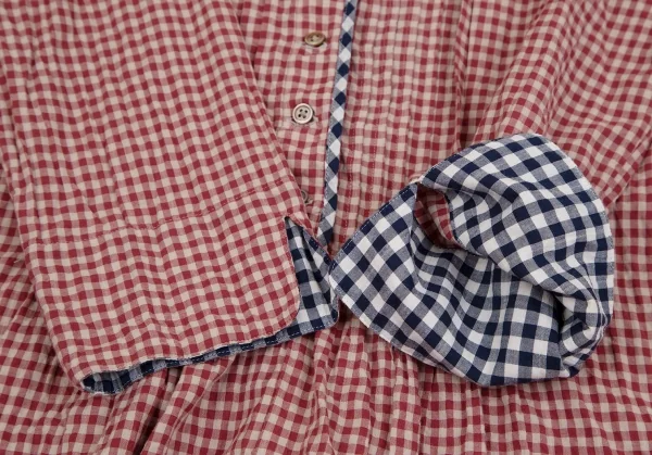 マドモアゼルノンノンMademoiselle NON NON コットンギンガムチェックパイピングプルオーバープリーツシャツチュニック エンジベージュ40L K-107467_008