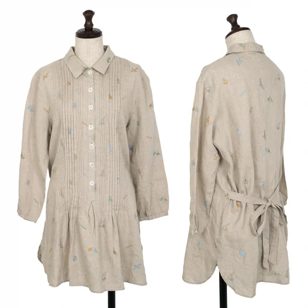 マドモアゼルノンノンMademoiselle NON NON リネンマリンロゴ刺繍プリーツ切替シャツチュニック ベージュ40L K-107468_001