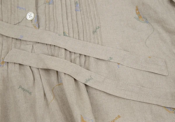 マドモアゼルノンノンMademoiselle NON NON リネンマリンロゴ刺繍プリーツ切替シャツチュニック ベージュ40L K-107468_011