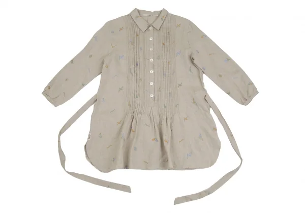 マドモアゼルノンノンMademoiselle NON NON リネンマリンロゴ刺繍プリーツ切替シャツチュニック ベージュ40L K-107468_002