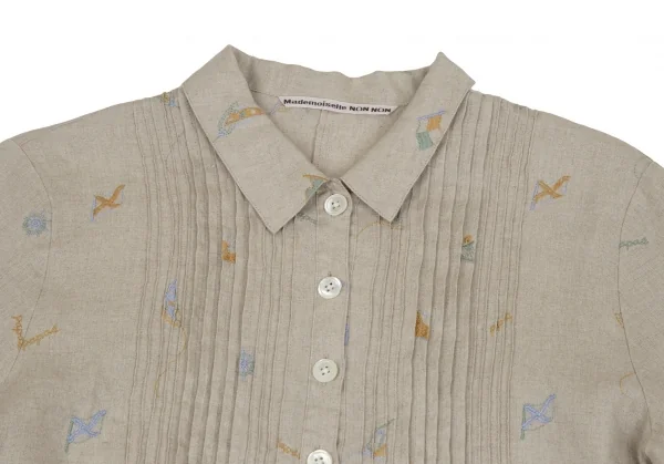 マドモアゼルノンノンMademoiselle NON NON リネンマリンロゴ刺繍プリーツ切替シャツチュニック ベージュ40L K-107468_003
