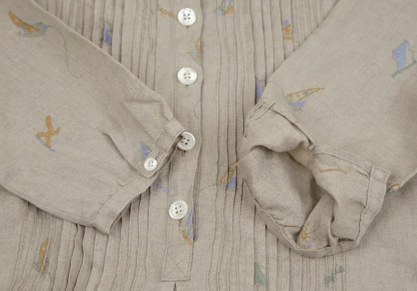 マドモアゼルノンノンMademoiselle NON NON リネンマリンロゴ刺繍プリーツ切替シャツチュニック ベージュ40L K-107468_008