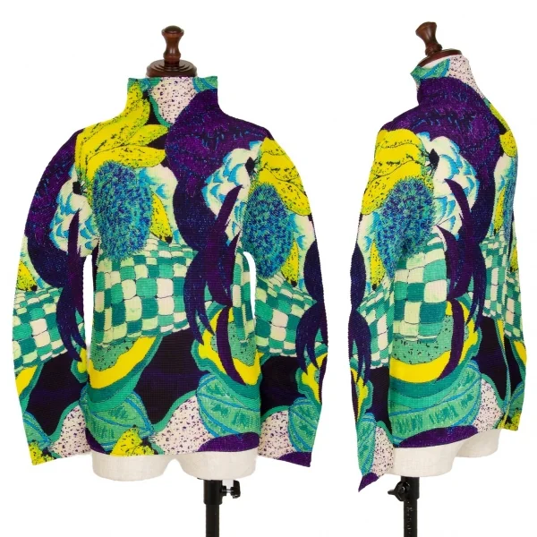 イッセイミヤケ ミーISSEY MIYAKE me トロピカルフルーツプリントストレッチプリーツハイネックカットソー 紺黄他F K-107573_001