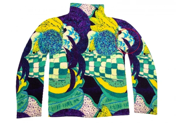 イッセイミヤケ ミーISSEY MIYAKE me トロピカルフルーツプリントストレッチプリーツハイネックカットソー 紺黄他F K-107573_012