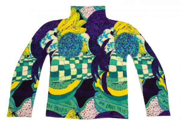 イッセイミヤケ ミーISSEY MIYAKE me トロピカルフルーツプリントストレッチプリーツハイネックカットソー 紺黄他F K-107573_002