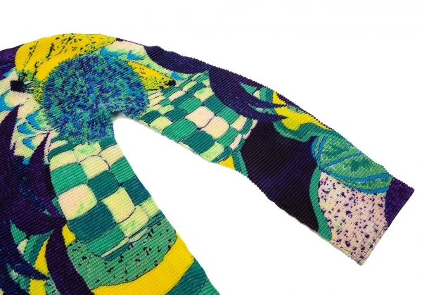 イッセイミヤケ ミーISSEY MIYAKE me トロピカルフルーツプリントストレッチプリーツハイネックカットソー 紺黄他F K-107573_008