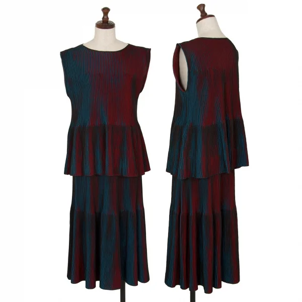 イッセイミヤケ ミーISSEY MIYAKE me ストライプリブフレアノースリーブ 黒赤青F K-107576_010