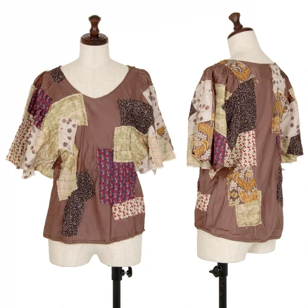 ツモリチサトTSUMORI CHISATO シルクパッチワークトップス 茶2 K-107619_001