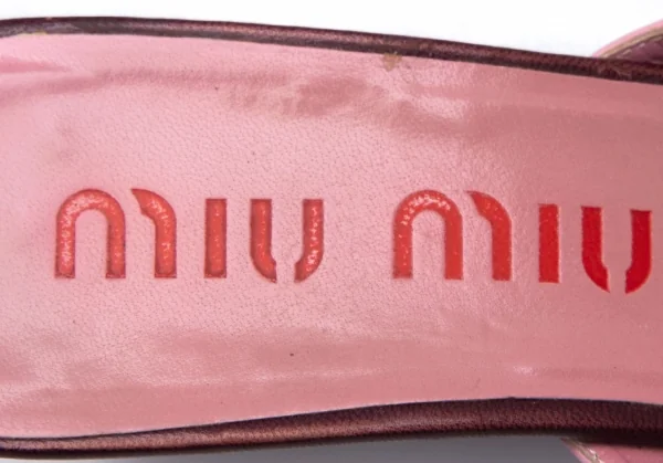ミュウミュウMIU MIU レザーリボンヒールサンダル ピンク焦げ茶35.5