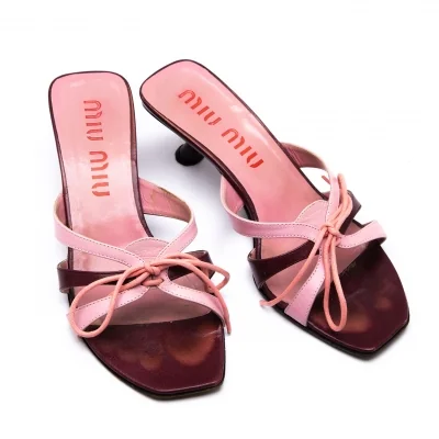 ミュウミュウ 赤 サンダル 8cmヒール ミュウミュウMIU MIU レザーリボンヒールサンダル ピンク焦げ茶35.5