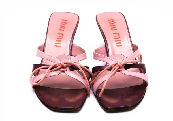 ミュウミュウMIU MIU レザーリボンヒールサンダル ピンク焦げ茶35.5