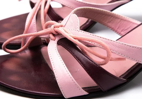 ミュウミュウMIU MIU レザーリボンヒールサンダル ピンク焦げ茶35.5