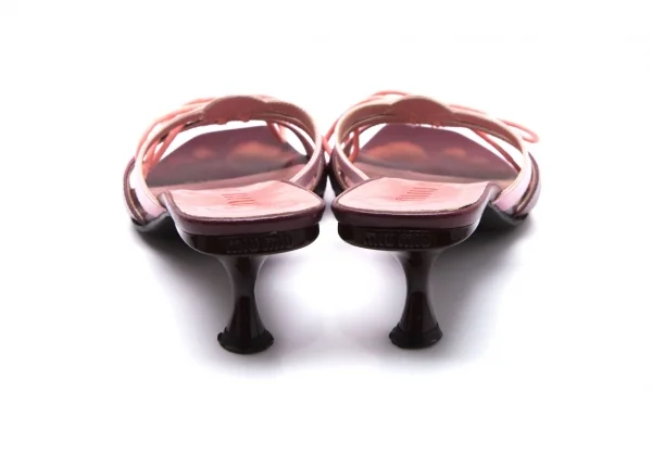 ミュウミュウMIU MIU レザーリボンヒールサンダル ピンク焦げ茶35.5