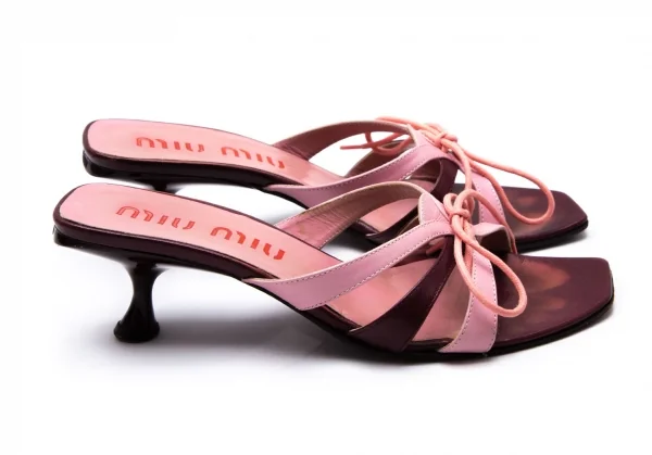 ミュウミュウMIU MIU レザーリボンヒールサンダル ピンク焦げ茶35.5