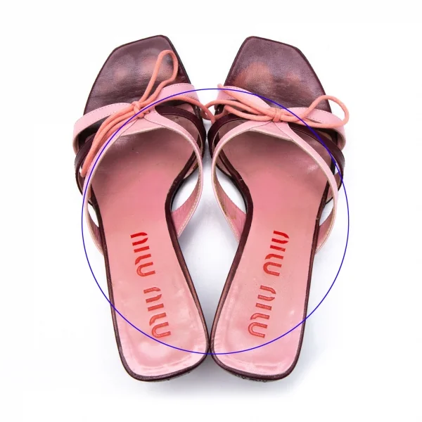 ミュウミュウMIU MIU レザーリボンヒールサンダル ピンク焦げ茶35.5