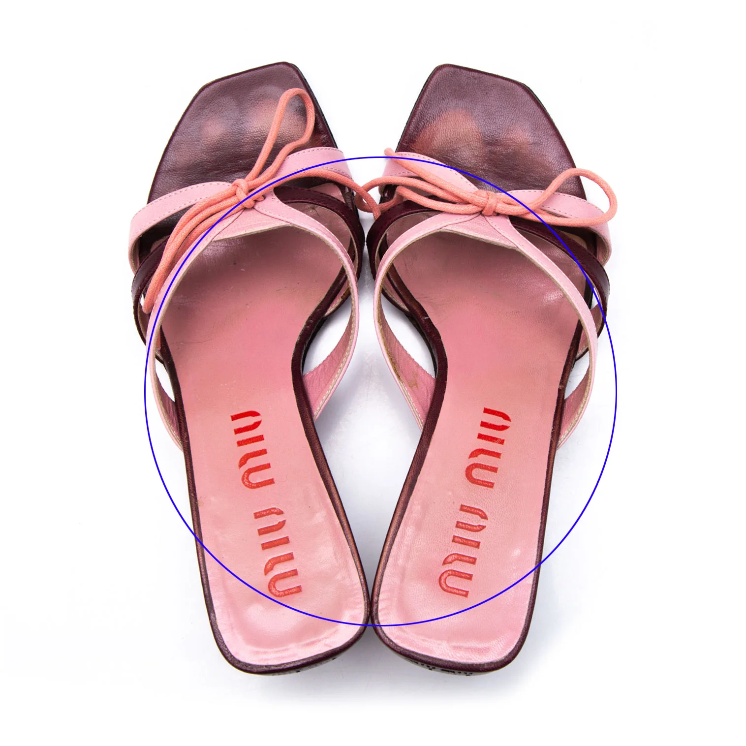 ミュウミュウMIU MIU レザーリボンヒールサンダル ピンク焦げ茶35.5