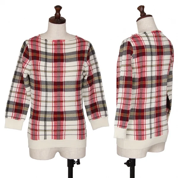 コムデギャルソンCOMME des GARCONS ウールボートネックチェック柄ニットセーター オフ赤緑S K-107658_001