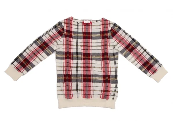 コムデギャルソンCOMME des GARCONS ウールボートネックチェック柄ニットセーター オフ赤緑S K-107658_002
