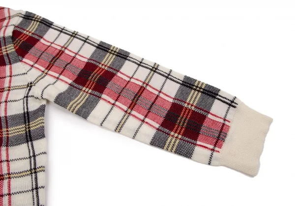 コムデギャルソンCOMME des GARCONS ウールボートネックチェック柄ニットセーター オフ赤緑S K-107658_005