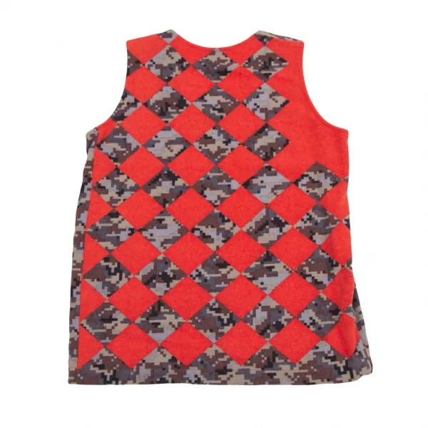 コムデギャルソンCOMME des GARCONS ウールカモ柄ダイヤチェックノースリーブトップス 赤他S位 K-107676_008