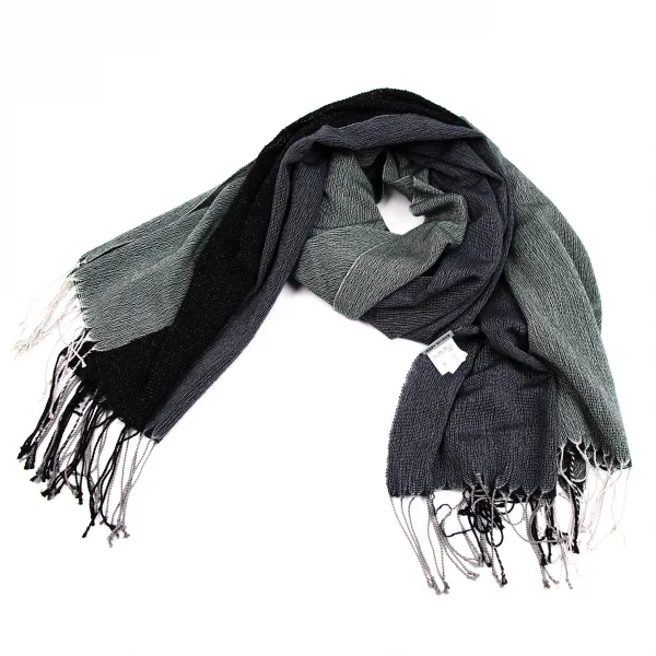 イッセイミヤケISSEY MIYAKE カシミアシルク切替フリンジストール 緑黒紺 K-107853_001