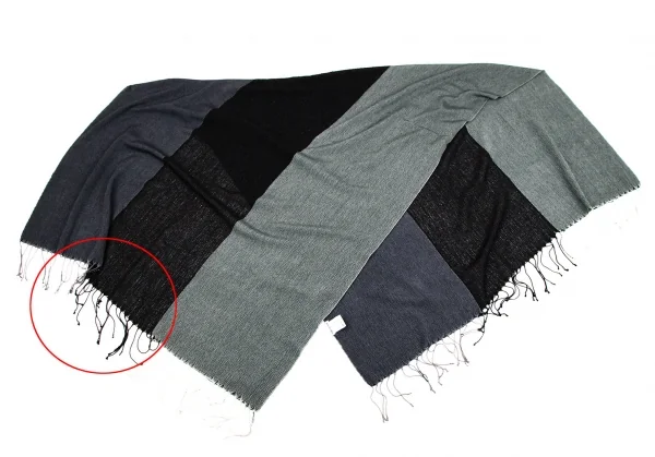 イッセイミヤケISSEY MIYAKE カシミアシルク切替フリンジストール 緑黒紺 K-107853_002
