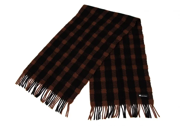 イッセイミヤケISSEY MIYAKE ブロックチェックフリンジニットマフラー 茶黒 K-107873_002