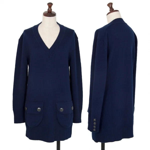 バーバリーロンドンBURBERRY LONDON ウールVネックパッチポケットニットセーター 紺2 K-107880_001