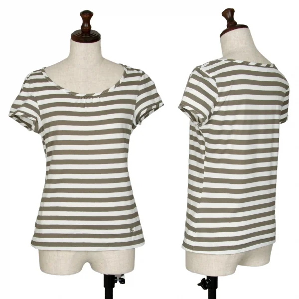 バーバリーロンドンBURBERRY LONDON ネックギャザーボーダーTシャツ カーキ白2 K-107885_001