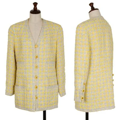 シャネルCHANEL ファンシーツイードハウンドトゥースノーカラージャケット 黄