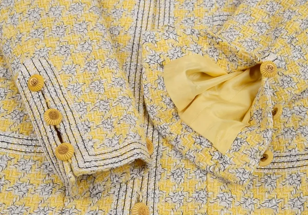 シャネルCHANEL ファンシーツイードハウンドトゥースノーカラージャケット 黄40 K-107958_007