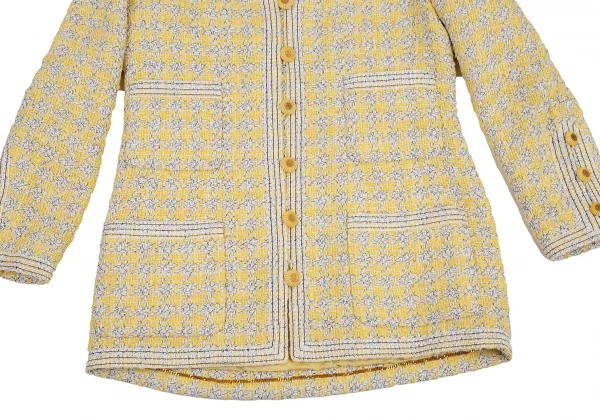 シャネルCHANEL ファンシーツイードハウンドトゥースノーカラージャケット 黄40 K-107958_008