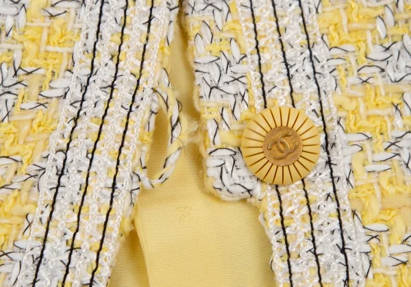 シャネルCHANEL ファンシーツイードハウンドトゥースノーカラージャケット 黄40 K-107958_011