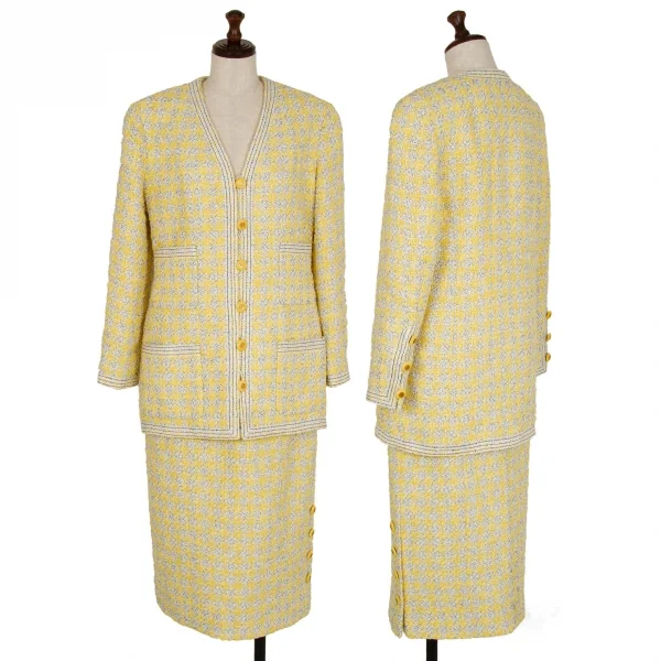 シャネルCHANEL ファンシーツイードハウンドトゥースノーカラージャケット 黄40 K-107958_018