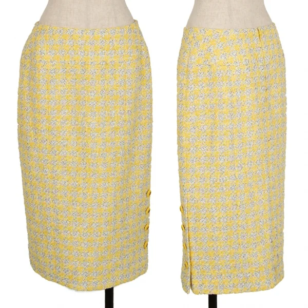 シャネルCHANEL ファンシーツイードハウンドトゥースボタンスリットスカート 40 黄M位 K-107959_001