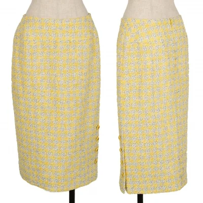 シャネルCHANEL ファンシーツイードハウンドトゥースボタンスリットスカート 40 黄