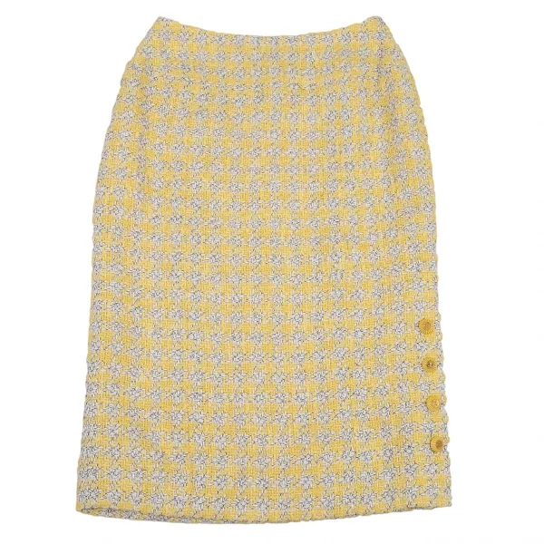 シャネルCHANEL ファンシーツイードハウンドトゥースボタンスリットスカート 40 黄M位 K-107959_002