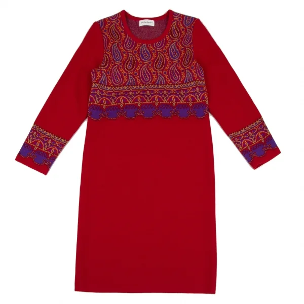 イヴサンローランYves Saint Laurent ペイズリージャガードニットワンピース 赤M K-107961_002