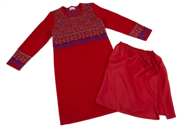 イヴサンローランYves Saint Laurent ペイズリージャガードニットアンサンブルワンピース 赤M K-107963_008