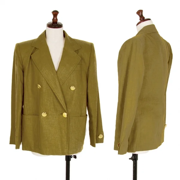 イヴサンローランYves Saint Laurent リネン金ボタンダブルジャケット カーキS K-107964_001