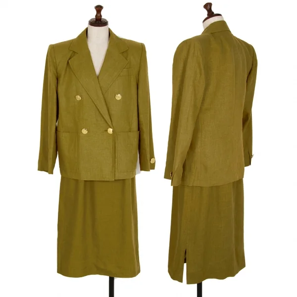 イヴサンローランYves Saint Laurent リネン金ボタンダブルジャケット カーキS K-107964_015