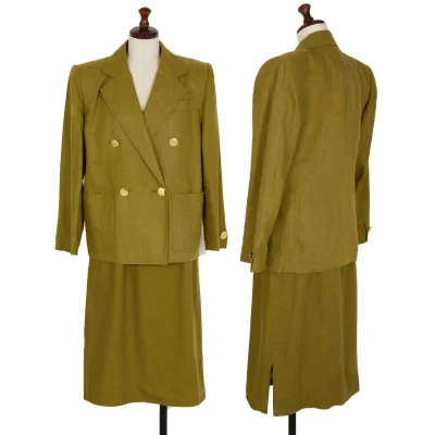 イヴサンローランYves Saint Laurent リネン金ボタンダブルセットアップスーツ カーキ