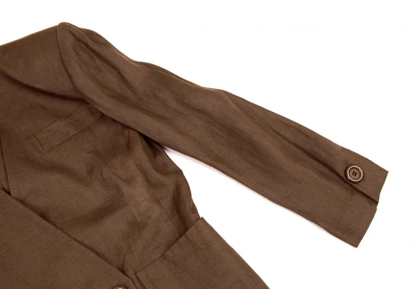 イヴサンローランYves Saint Laurent リネンノーカラーダブルジャケット 茶S K-107967_004