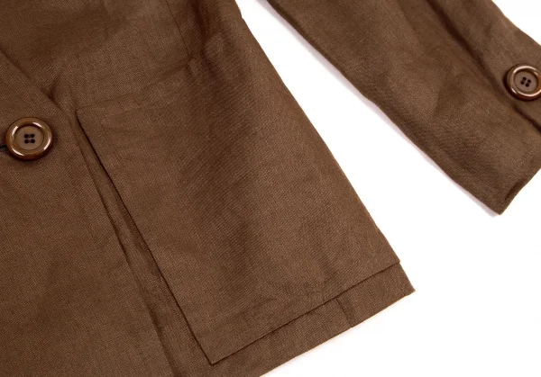 イヴサンローランYves Saint Laurent リネンノーカラーダブルジャケット 茶S K-107967_009