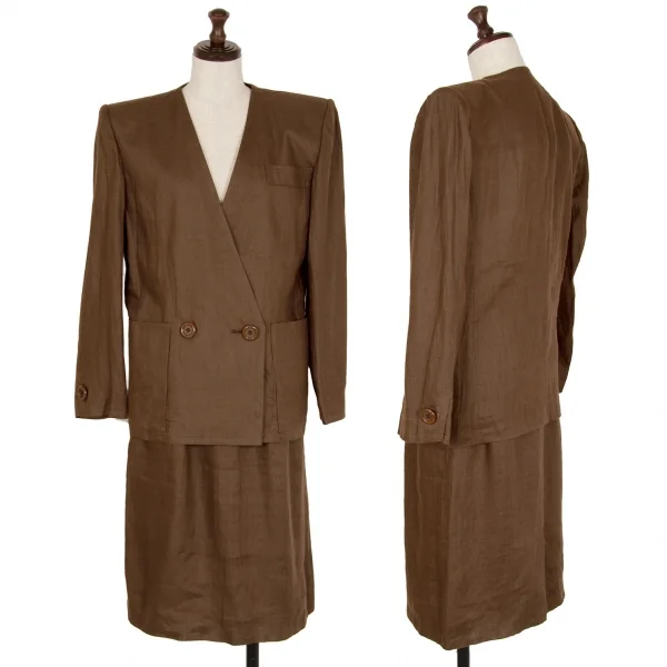 イヴサンローランYves Saint Laurent リネンノーカラーダブルセットアップスーツ 茶S・M K-107969_001