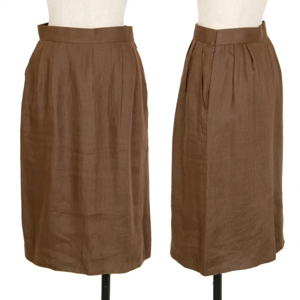 イヴサンローランYves Saint Laurent リネンノーカラーダブルセットアップスーツ 茶S・M K-107969_011