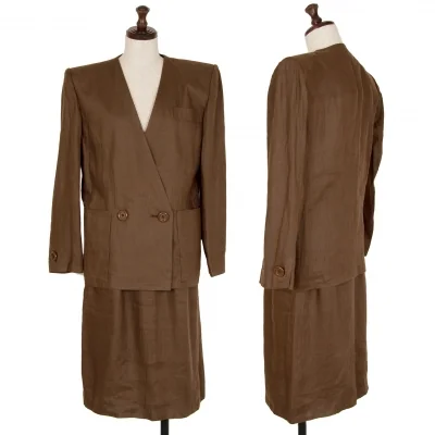 イヴサンローランYves Saint Laurent リネンノーカラーダブルセットアップスーツ 茶